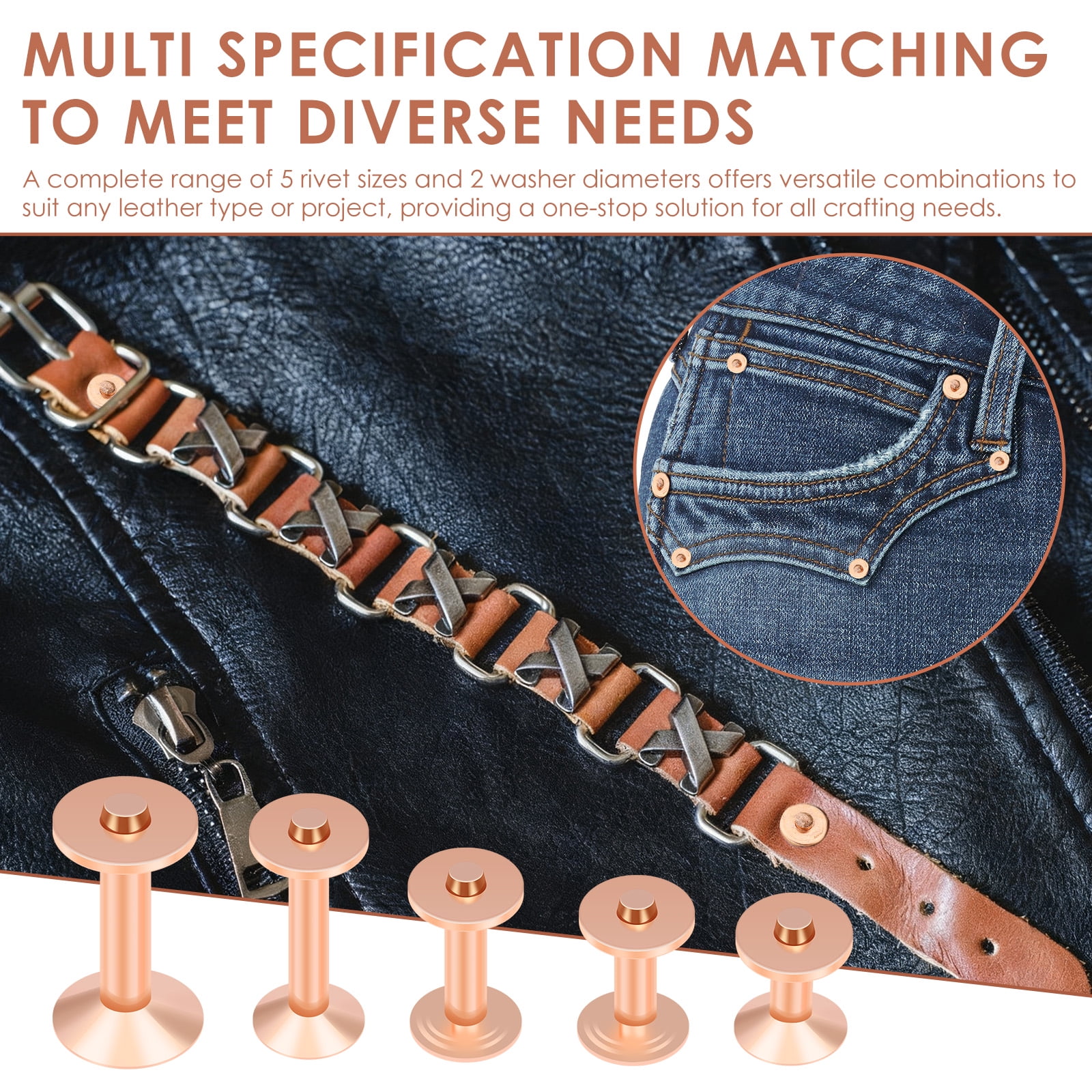 50 Sets Copper Rivet 5 Sizes Leather Rivet with Hole Punches and Washer Setter for Repair and Decorate Belts Handbags Wallets Collars Shoes Clothing Bracelets
