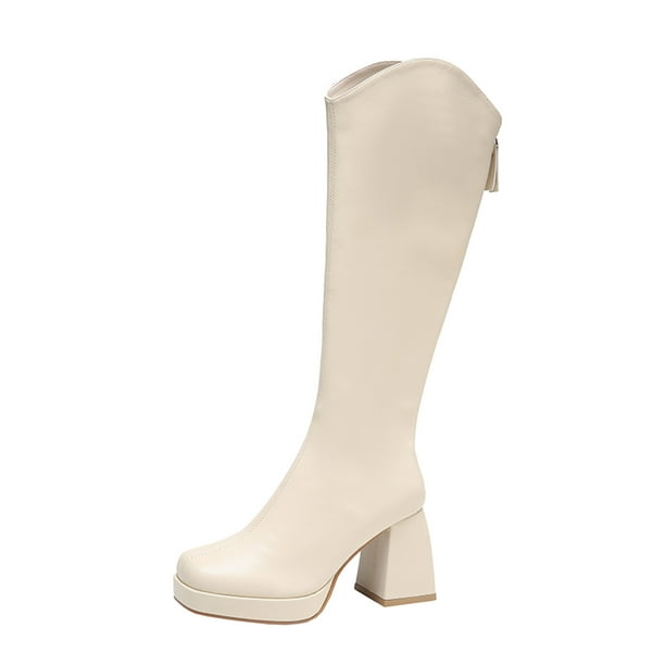 PEASKJP Hiking Boots for Women Knee High Round Toe Platform Chunky Heel Zipper Water Proof Goth Motorcycle Boots for Women Beige 37
