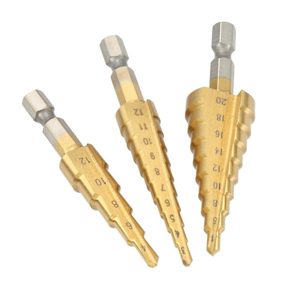 TFixol 3 Pcs/set HSS Titanium Coated Straight Flute Step Drill Bits Essential Hardware Tool Pagoda Drill Bit Set 3-12mm 4-12mm 4-20mm