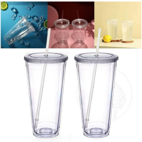 2 Pack Clear Tumbler with Lid, Insulated Tumbler with Lids and Straw 20 oz Double Wall Plastic Travel Tumbler Reusable Plastic Iced Coffee Cup Classic Tumbler Cup for Office Car School Coffee