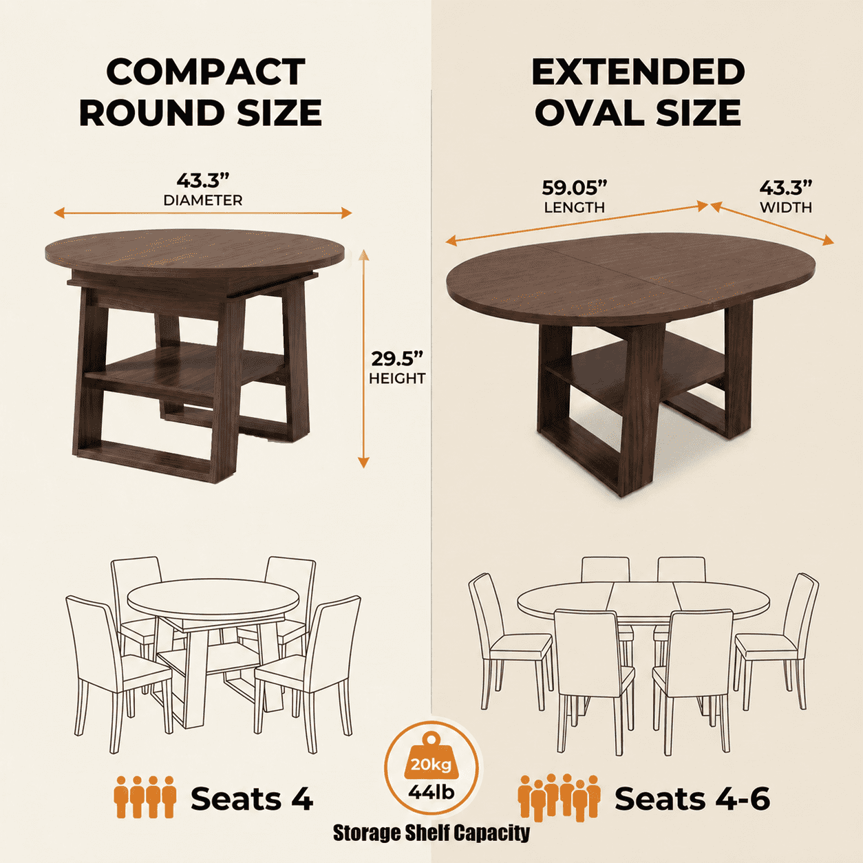 Extendable Round Dining Table 43.3-59 Inch, Round to Oval Kitchen Table with Flip Up Extension Leaf and Storage Shelf, Walnut