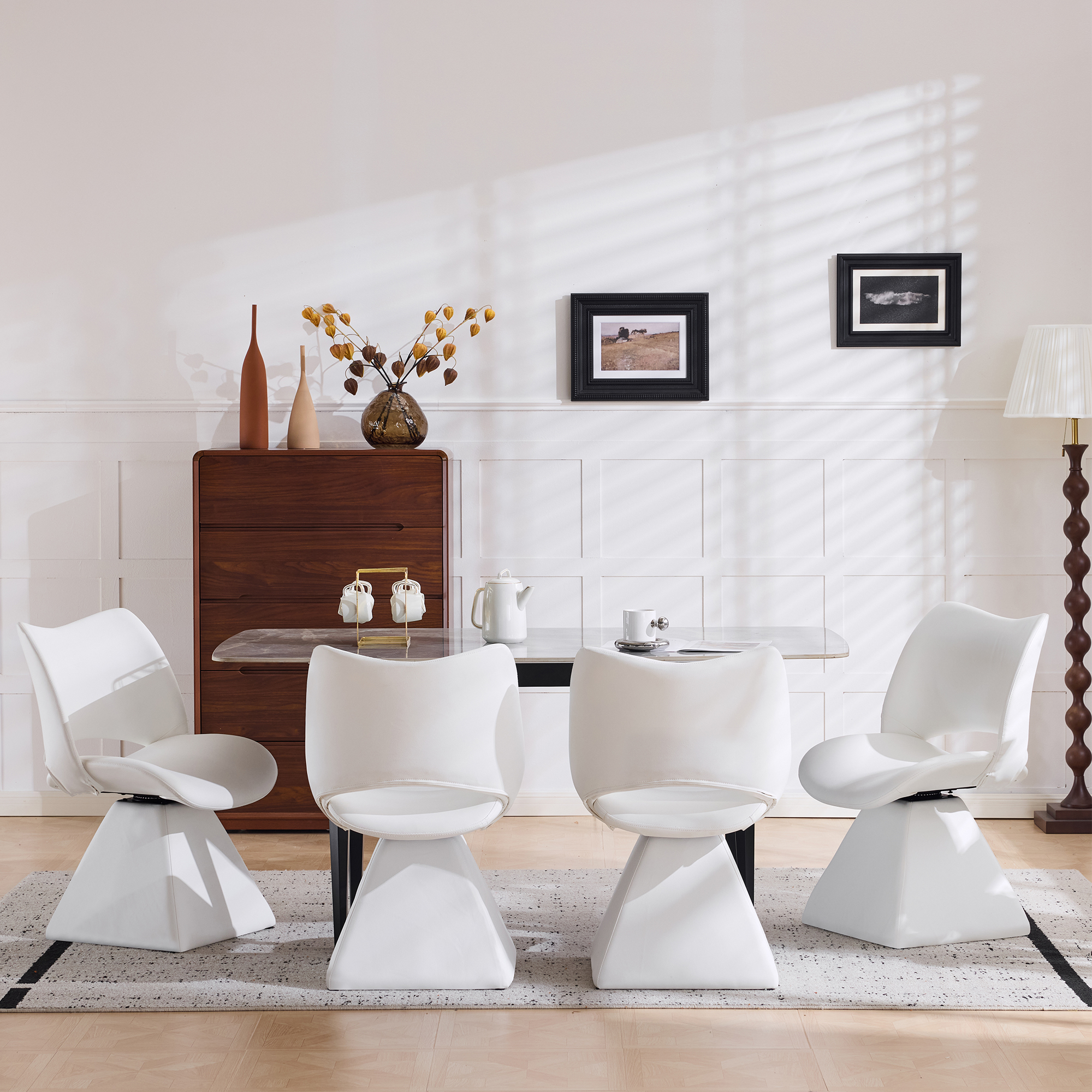 HOQBN Modern Swivel Dining Chair with Faux Leather, 360-Degree Upholstery Dining Chair with High Curved Back for Kitchen, Dining Room,White