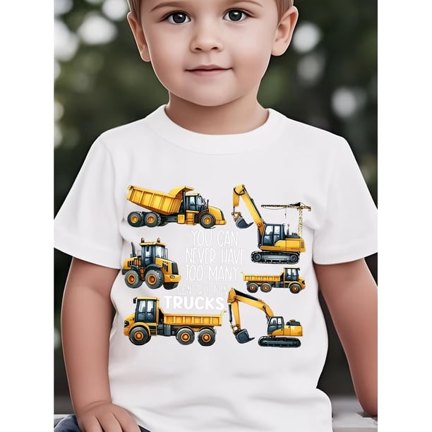 Construction Truck T-Shirt - "You Can Never Have Too Many Construction Trucks" Graphic, Short Sleeve, Round Neck, Casual , Lightweight & Comfortable, Playful Design for Boys and Girls, Casual We