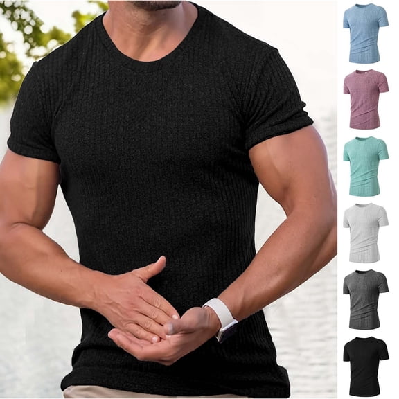 GuangCheng Mens Short Sleeve Tee Shirts Casual Stretchy Round Crew Neck T-Shirt Pleated Summer Soft Basic Tops Size S-3XL