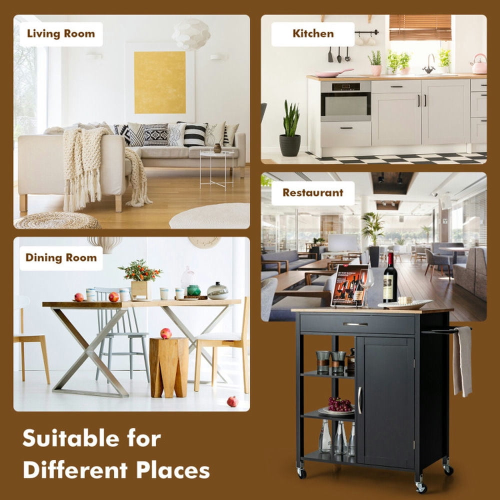 Finihen Rolling Cart, Kitchen Island Cart, Mobile Kitchen Island Cart with Rubber Wood Top, for Kitchen, Dining Room, Black Finihen Rolling Cart, Kitchen Island Cart, Mobile Kitchen Island Cart with Rubber Wood Top, for Kitchen, Dining Room, Black