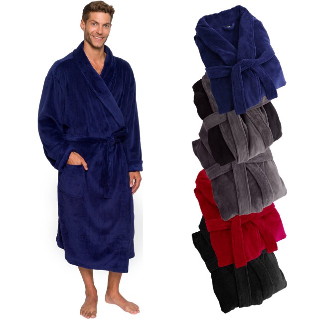 Ross Michaels Albornoz para hombre con cuello tipo chal, estilo envolvente, albornoz de forro polar de felpa de longitud media (azul marino, 3XL)