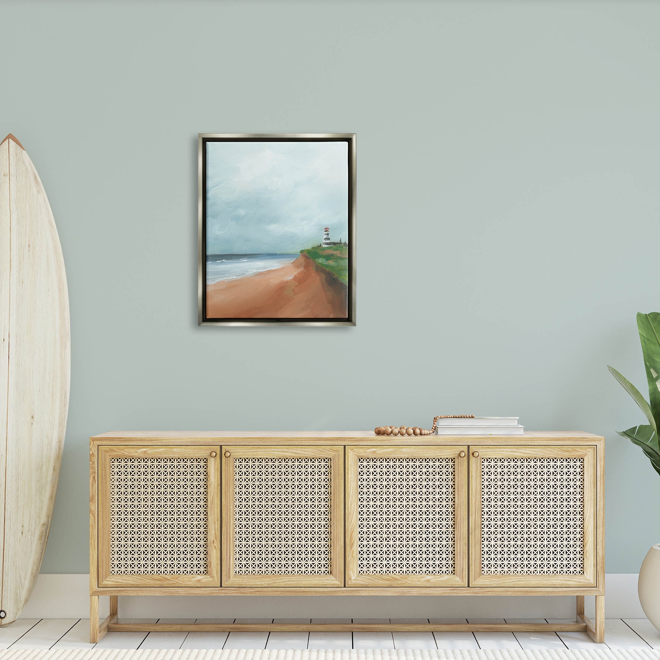 Distant Lighthouse Beach Shore Coastal Painting Luster Gray Framed Art Print Wall Art