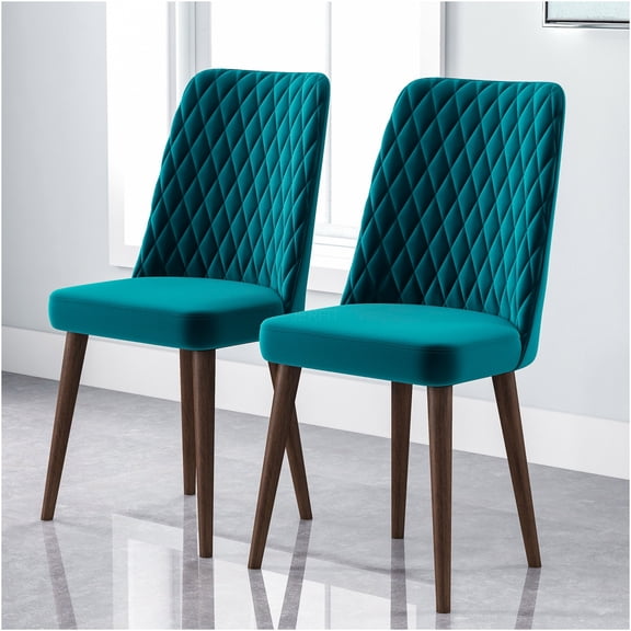 JERFIT Mid-Century Modern Velvet Dining Chairs Set of 2, Teal Upholstered Side Chairs for Kitchen Dining Room