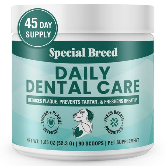 Dog Teeth Cleaning Powder – Natural Dog Dental Powder for Tartar Control, Fresh Breath & Gum Health – Daily Plaque Remover with Zeolite, Brown Algae, Probiotics & Rosemary – 90 Scoops