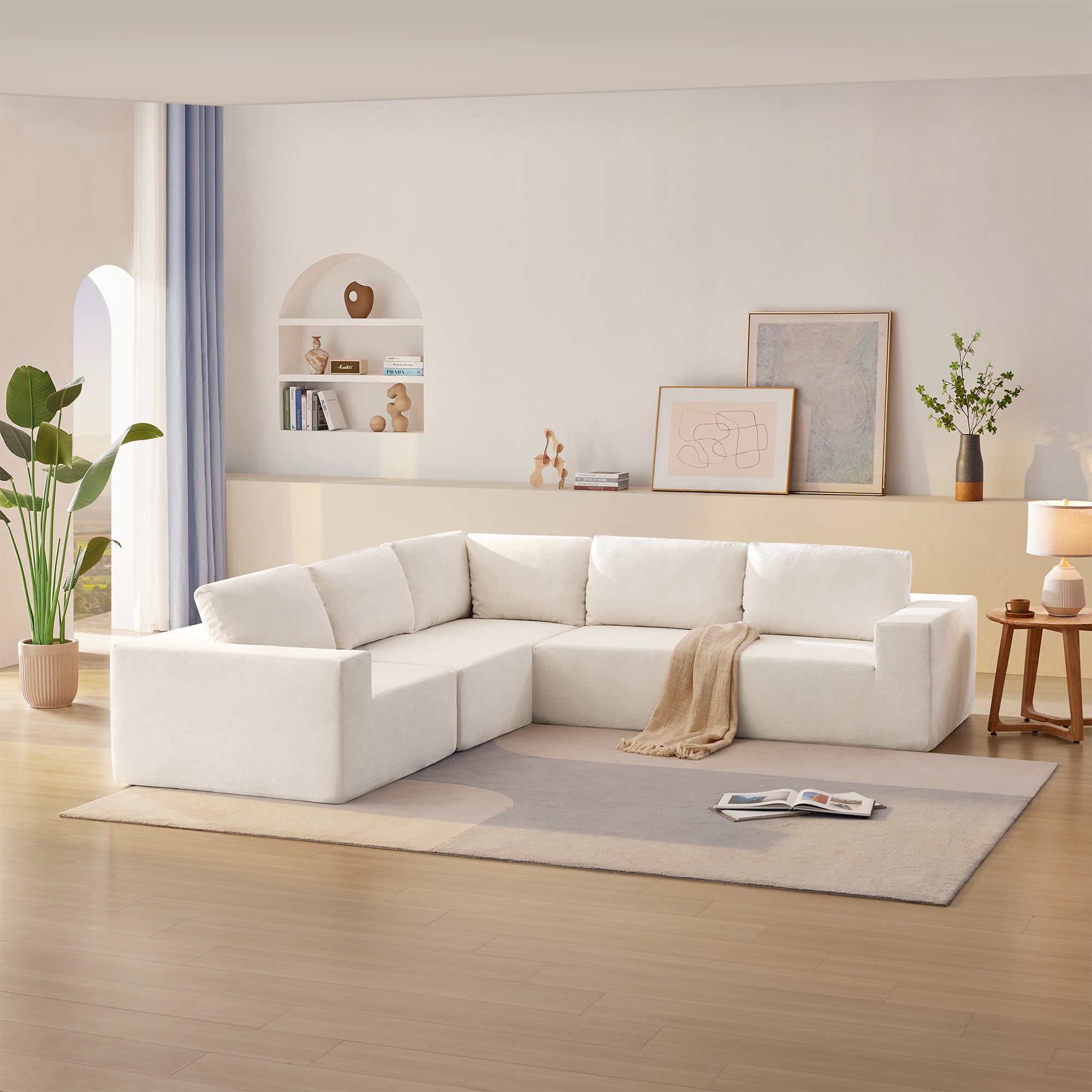 DEALTOPS L Shaped Sectional Sofa Couch, Pure Sponge Sleeper Sofa for Living Room, No Assembly Required, White