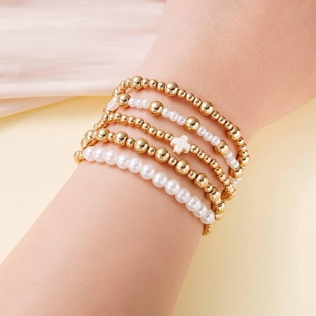 5 Pack Gold Tone Imitation Pearl Cross Stretch Bracelet Set Religious Jewelry for Women