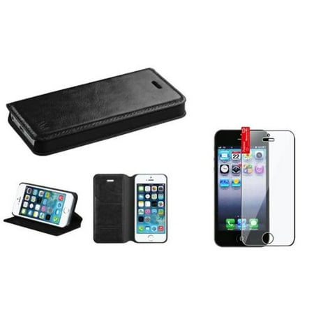 Leather Shield Protector Case Insten Black Leather Wallet Card Holder Case Folio Flip Pouch For iPhone SE 5 5S+Screen Protector Shield ()