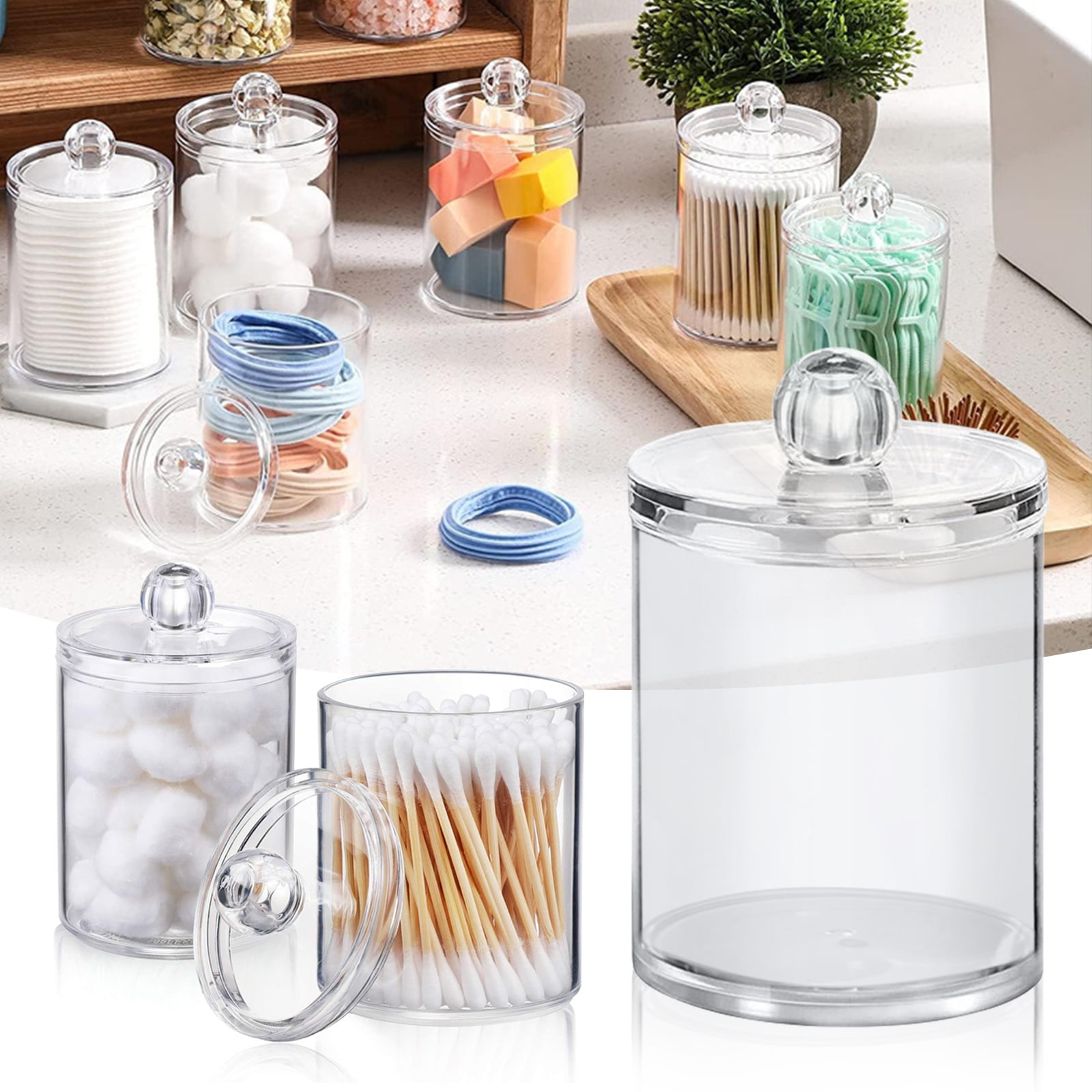 4-Pack Clear Glass Canister Jars With Lids, Bathroom Storage Dispensers For Cotton Swabs Balls Pads Floss Picks, Stylish Decorative Organizers For Vanity Countertop