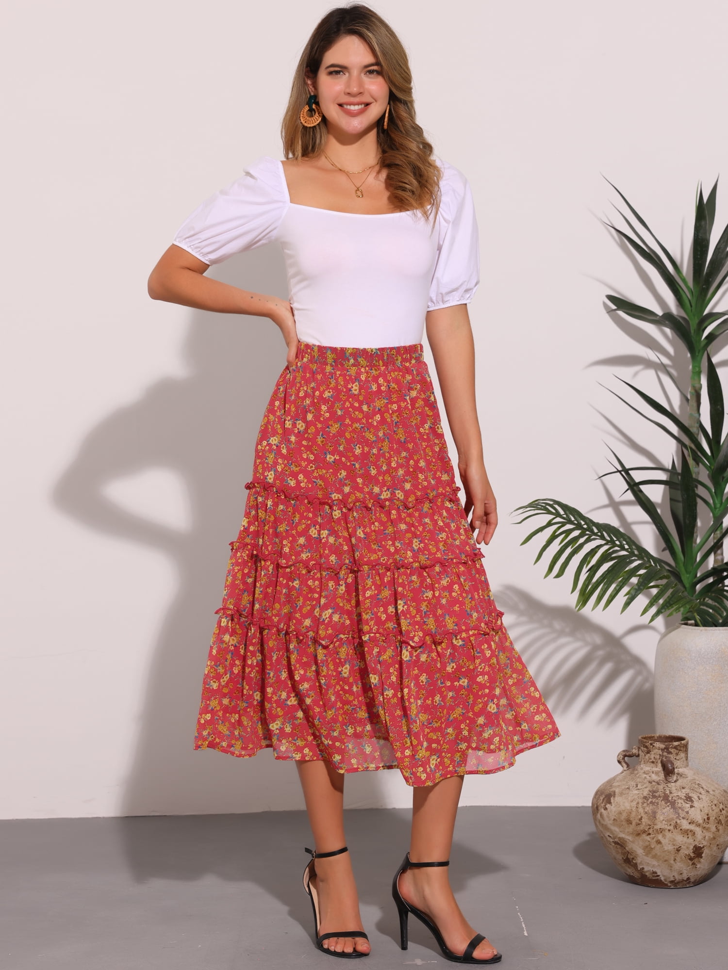 DARING DIVA Women's Chiffon Tiered A-Line Maxi Skirt M Red Flower