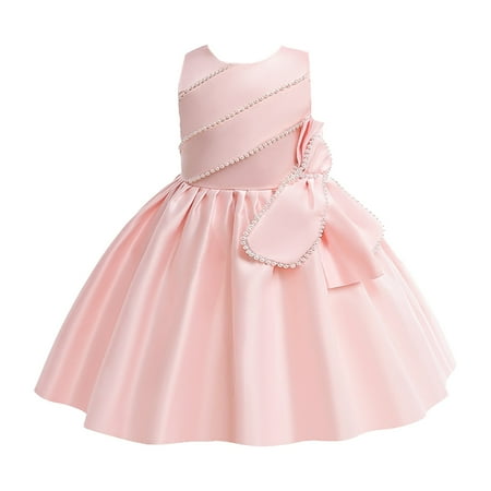 

YDOJG Dresses for Girls Sleeveless Solid Color Bowknot Ruffles Party Evening Dress Wedding Dress Pink 6-7 Years