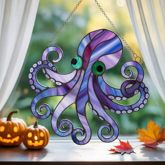Octopus Acrylic Suncatcher, Purple Octopus Window Hanging, Ocean Animal Decor, Stained Glass Style Octopus Ornament, Sea Creature Ornament