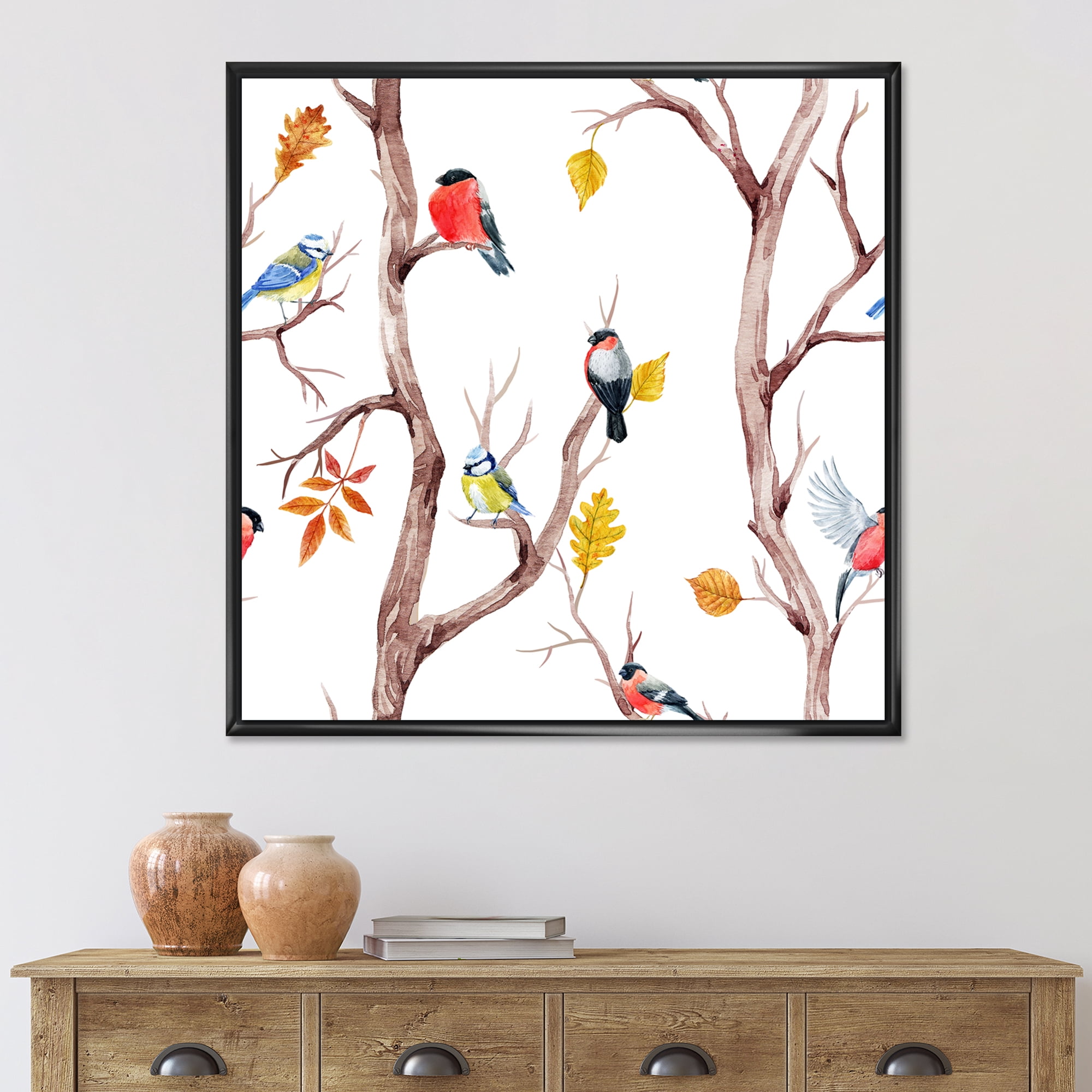 Designart 'Little Birds and Fall Trees' Traditional Framed Canvas Wall Art Print