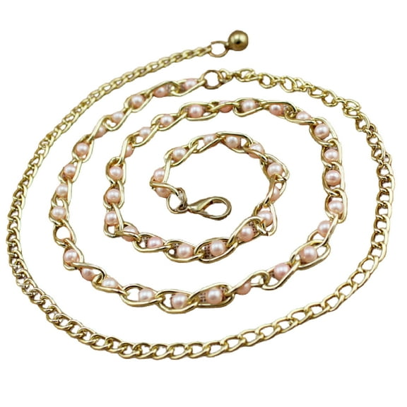 Yesbay Women Faux Pearl Metal Thin Waist Chain Belt Bead Tie Waistband Strap