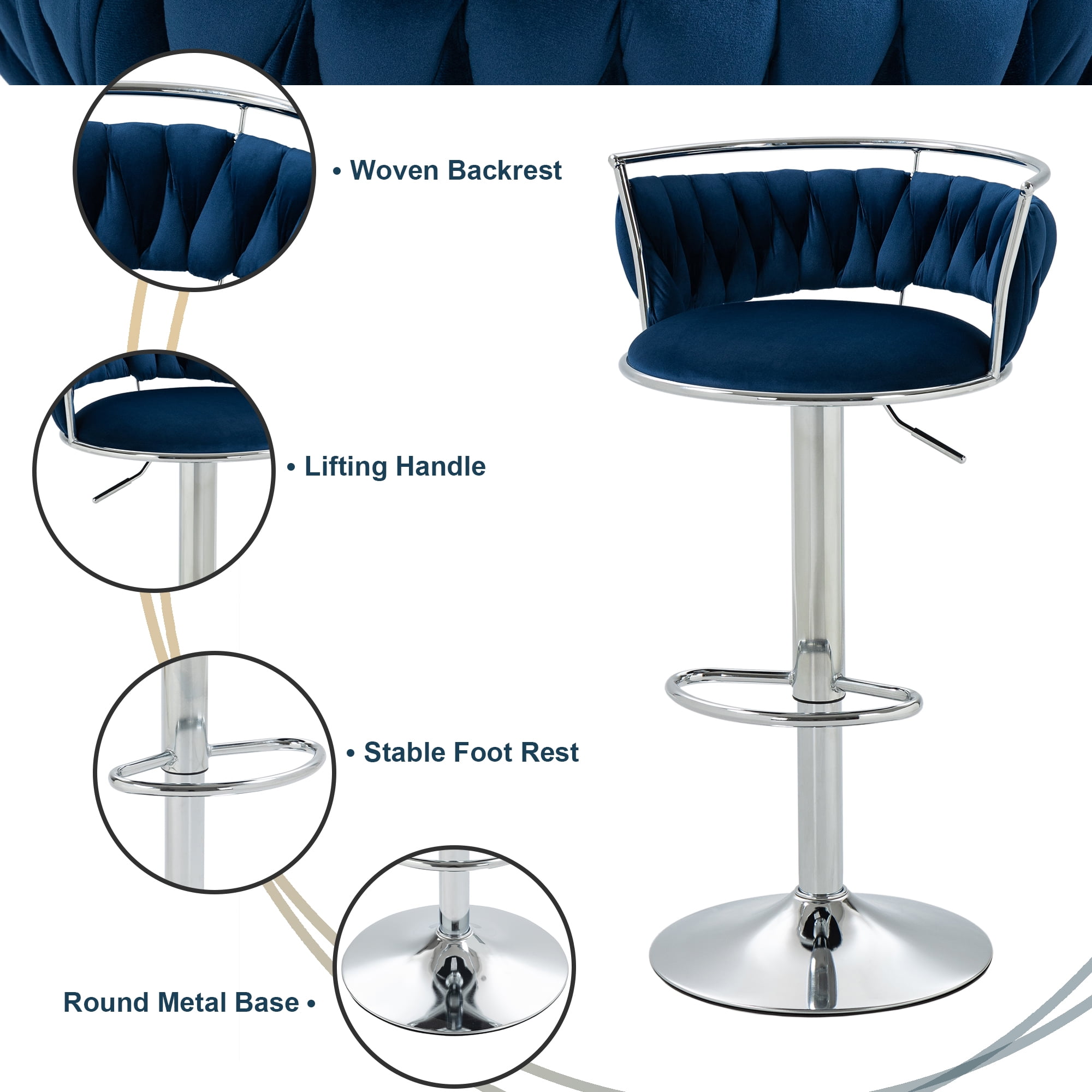 UIXE 360° Swivel Bar Stools Velvet Upholstered Adjustable Bar Chairs Set of 4 Silver Metal Barstool with Back & Footrest for Home and Kitchen, Navy Blue