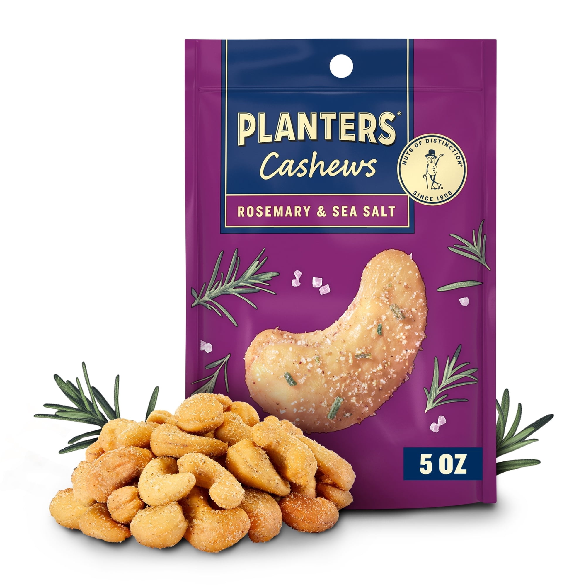 Planters Rosemary & Sea Salt Flavored Whole Cashews, Plant Based Protein Snacks for Adults, On-The-Go, Gluten Free, 5 oz Resealable Package