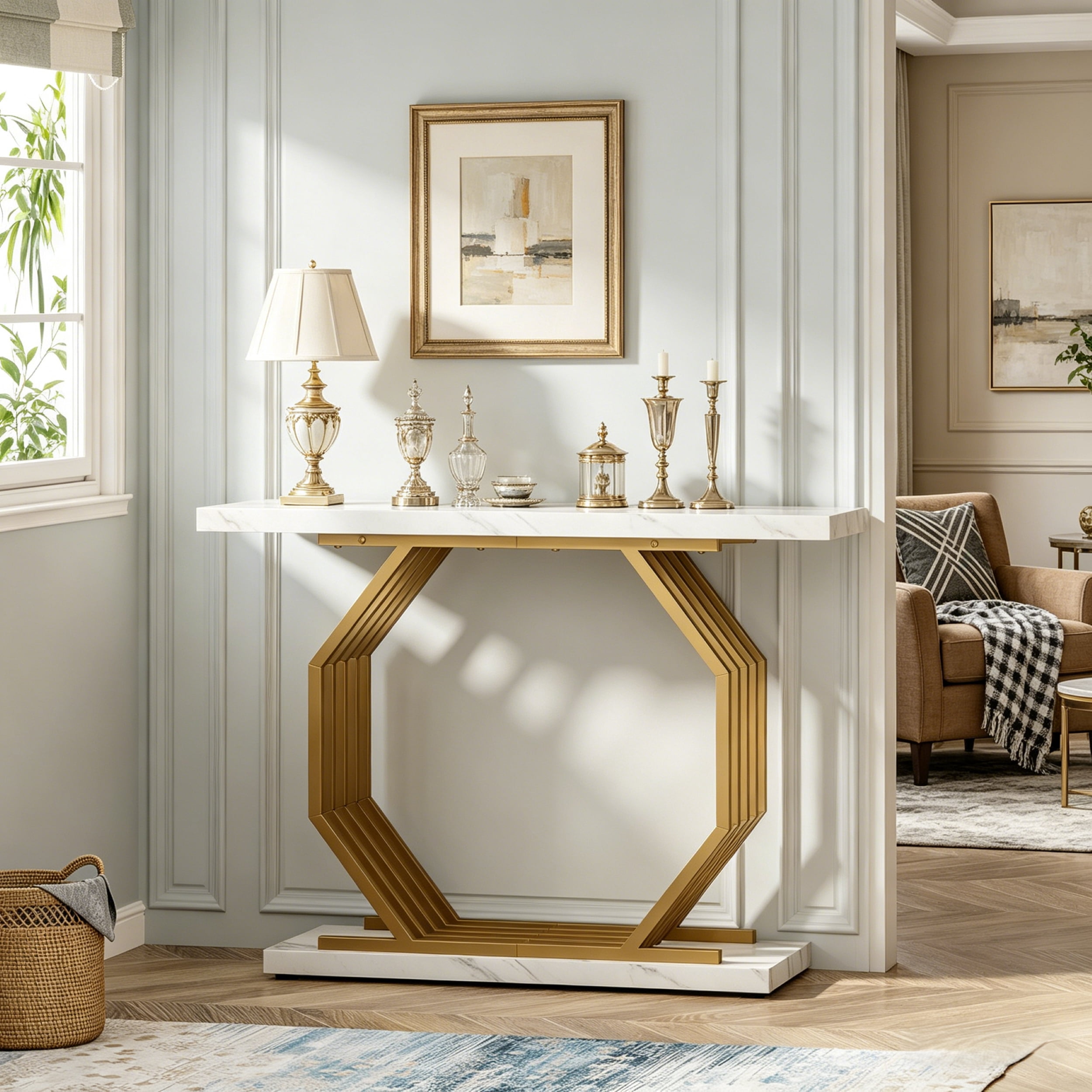 Fnova 40" Console Table, Faux Marble Entryway Table, Narrow Sofa Table with Geometric Metal Frame, Modern Accent Table for Living Room, Hallway, Foyer