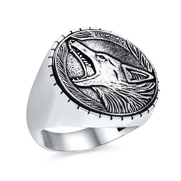 Bling Jewelry Mens Hunter Norse Viking Warrior Fierce Big Wolf Head Ring Oxidized Sterling Silver