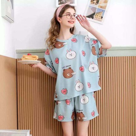 

CoCopeaunt New Style Pajamas Womens Summer Short Sleeve Shorts Two Piece Suit Thin Student Spring Summer Net Red Home Clothes