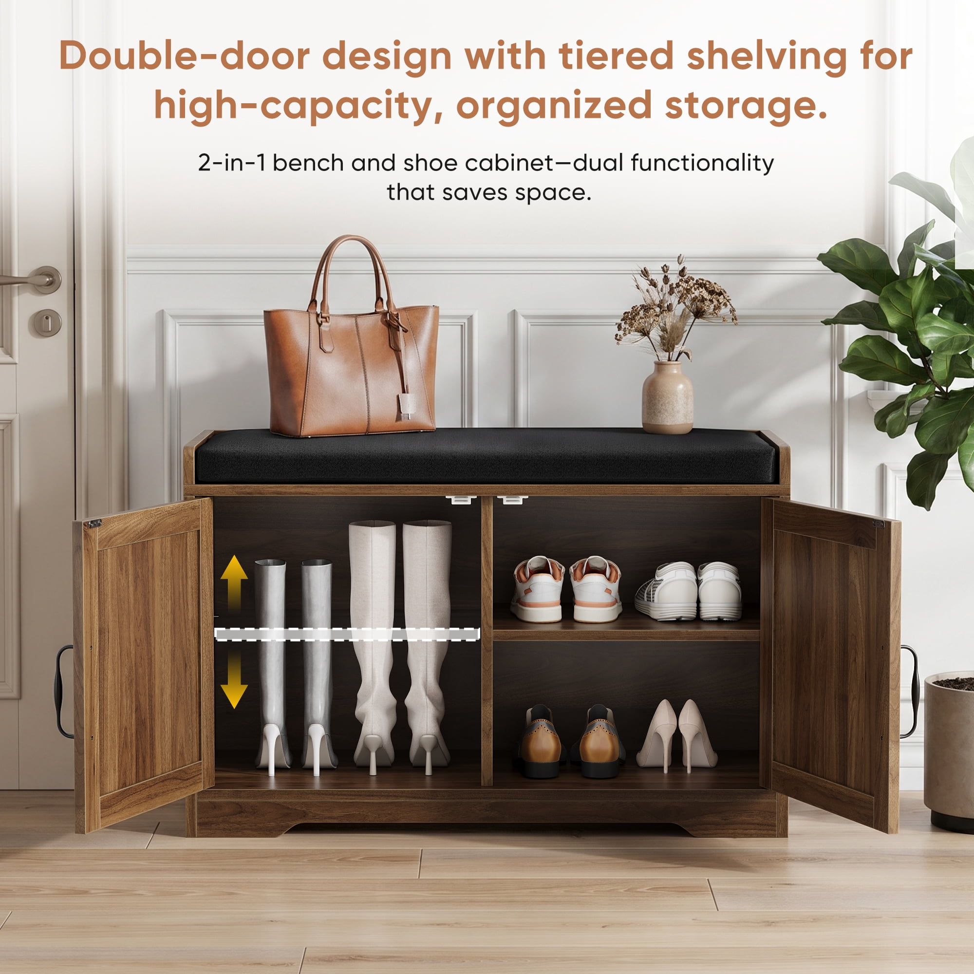 Leumius 31.5" Entryway Shoe Bench, Entryway Storage Bench with Double Doors and Comfortable Upholstery for Hallway and Entrance Areas Walnut