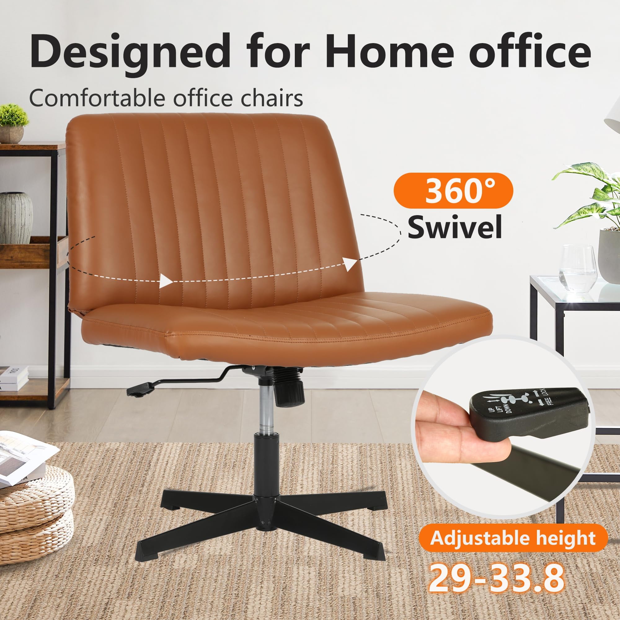NiamVelo Criss Cross Chair, Armless Cross Legged Desk Chair Wide Seat Computer Task Chair Modern Height Adjustable Mid Back Chair No Wheels （Brown）