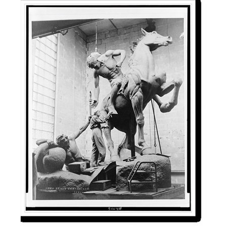 Historic Print, [Anna Hyatt Huntington working on the Torch Bearers, a sculpture of a man, lying on ground, passing a torch to man on horseback], 16" x 20"