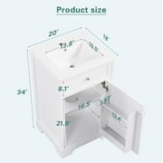 Soges 20 Bathroom Vanity with Ceramic Sink, Solid Wood Bathroom Makeup Cabinet with Soft Close Door, Adjustable Shelf and Drawer, Free Standing Single Basin Vanity Set for Small Bathroom, White