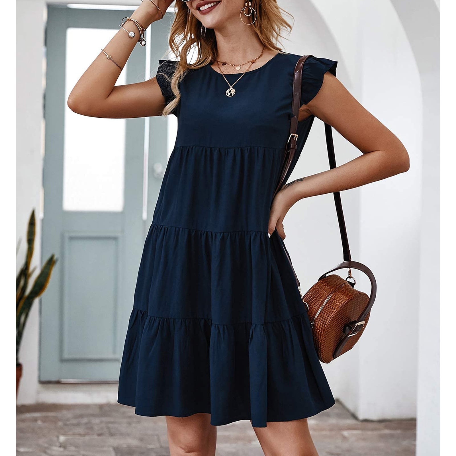 Gupbes Ruffle Sleeve Dress Knee Length Cotton Polyester Short Sleeve Dress For Beach For Women Dark Blue L Other
