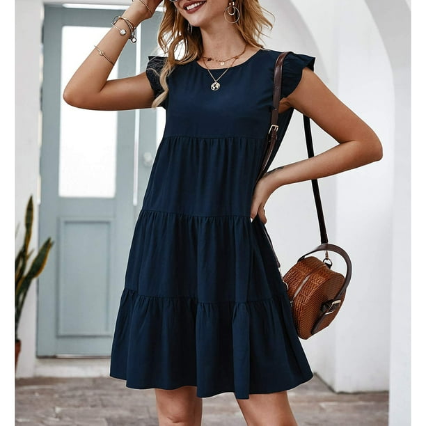 Short Sleeve Dress, Single Color Layered Round Neck Dress Loose