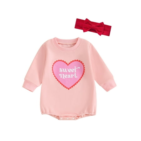 

Bslissey Baby Girls Cute Romper Long Sleeve Heart Print Crew Neck Jumpsuit Newborn Infant Spring Fall Sweet Daily Bodysuit with Bow Headband 3M 6M 12M 18M