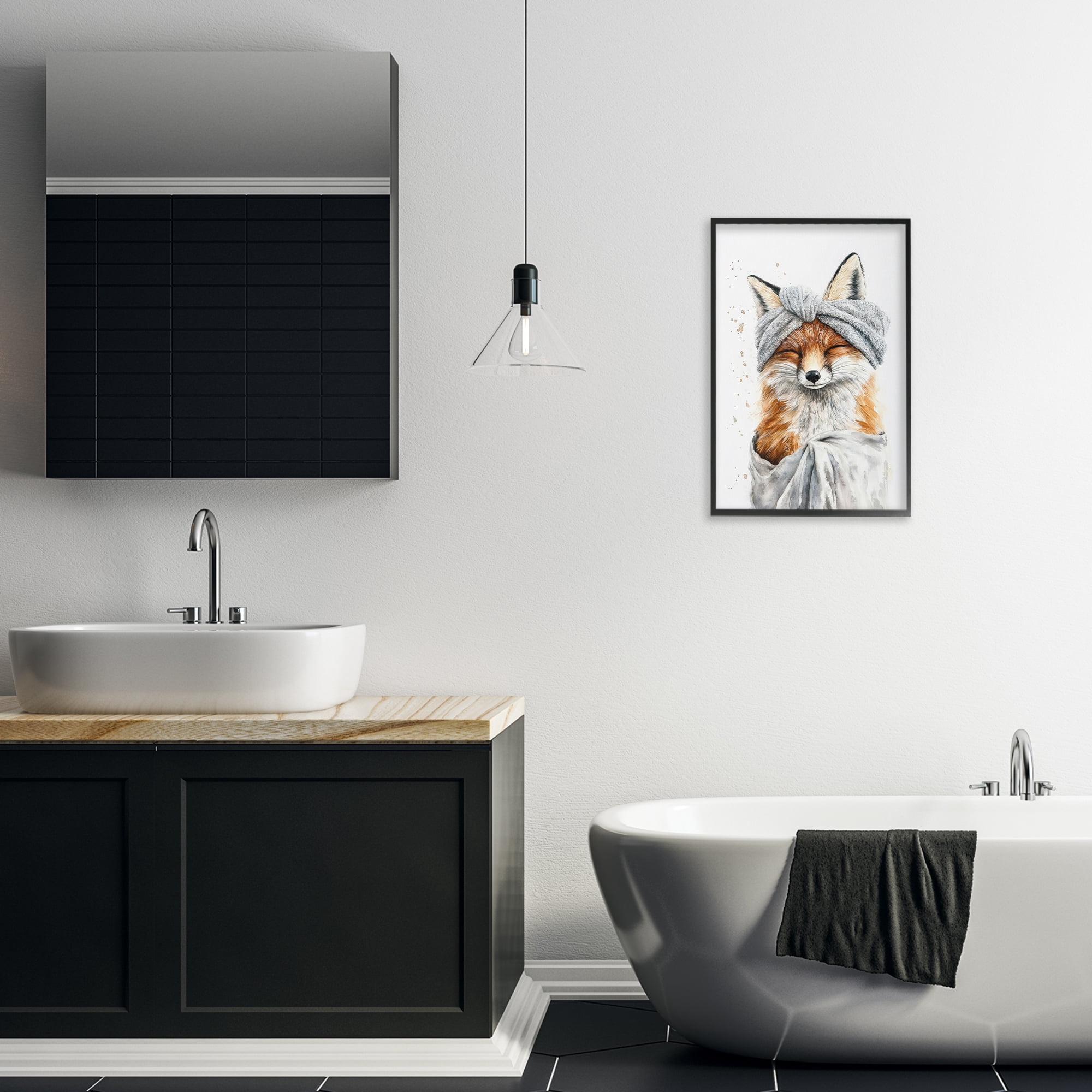 Stupell Industries Bathroom Fox Wrapped in Towel Black Framed Giclee Art, design by Tina LeCour