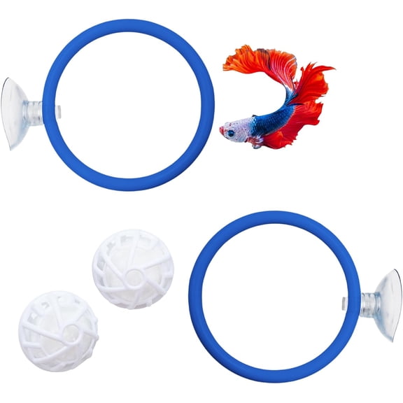 Fish Tank Accessories, 2 Plastic Feeding Rings with Suction Cups and 2 Nitrifying Balls, Betta Enrichment Toys, Fish Tank Decor, Turtle Toys for Aquatic Turtles