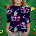 thumbnail image 2 of Mardi Gras Shirts Kids Girls 3/4 Sleeve Casual Round Neck T-Shirt Trendy Mask Graphic Tees Carnival Party Shirt Pullover Tops Summer Clothes Dark Blue 4-5 Years, 2 of 5