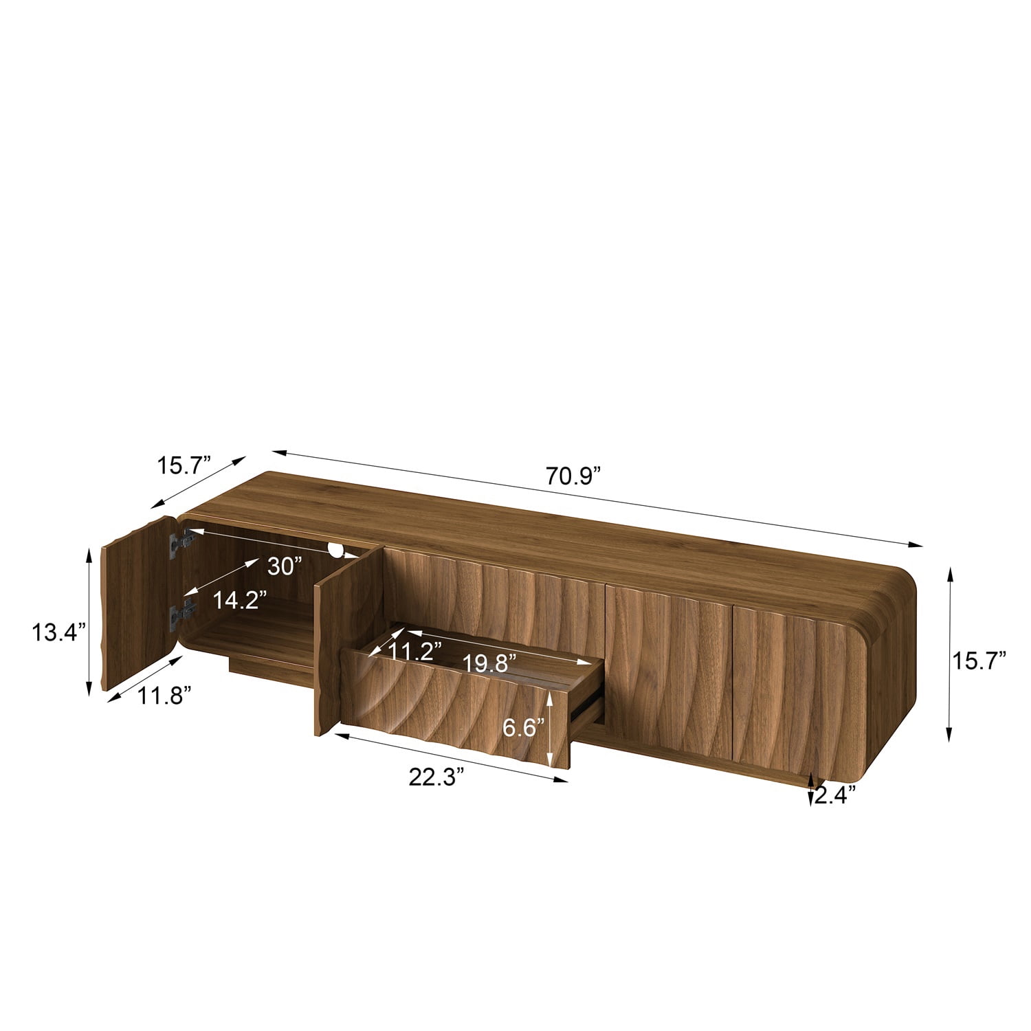 Hommoo 70" Modern Unique Spiral Wave Design TV Stand With Storage Cabinet And 2 Drawers, TV Console Entertainment Center for Living Room, Bedroom, Walnut