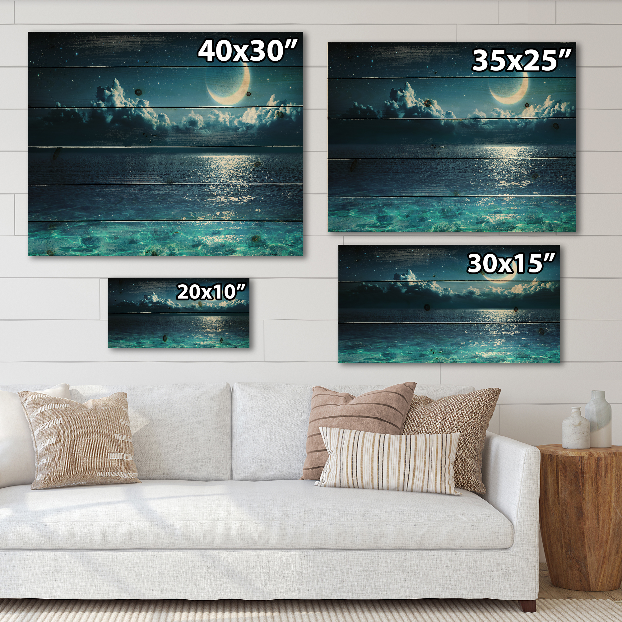 Designart 'Romantic Moon and Clouds Over Deep Blue Sea I' Nautical & Coastal Print on Natural Pine Wood