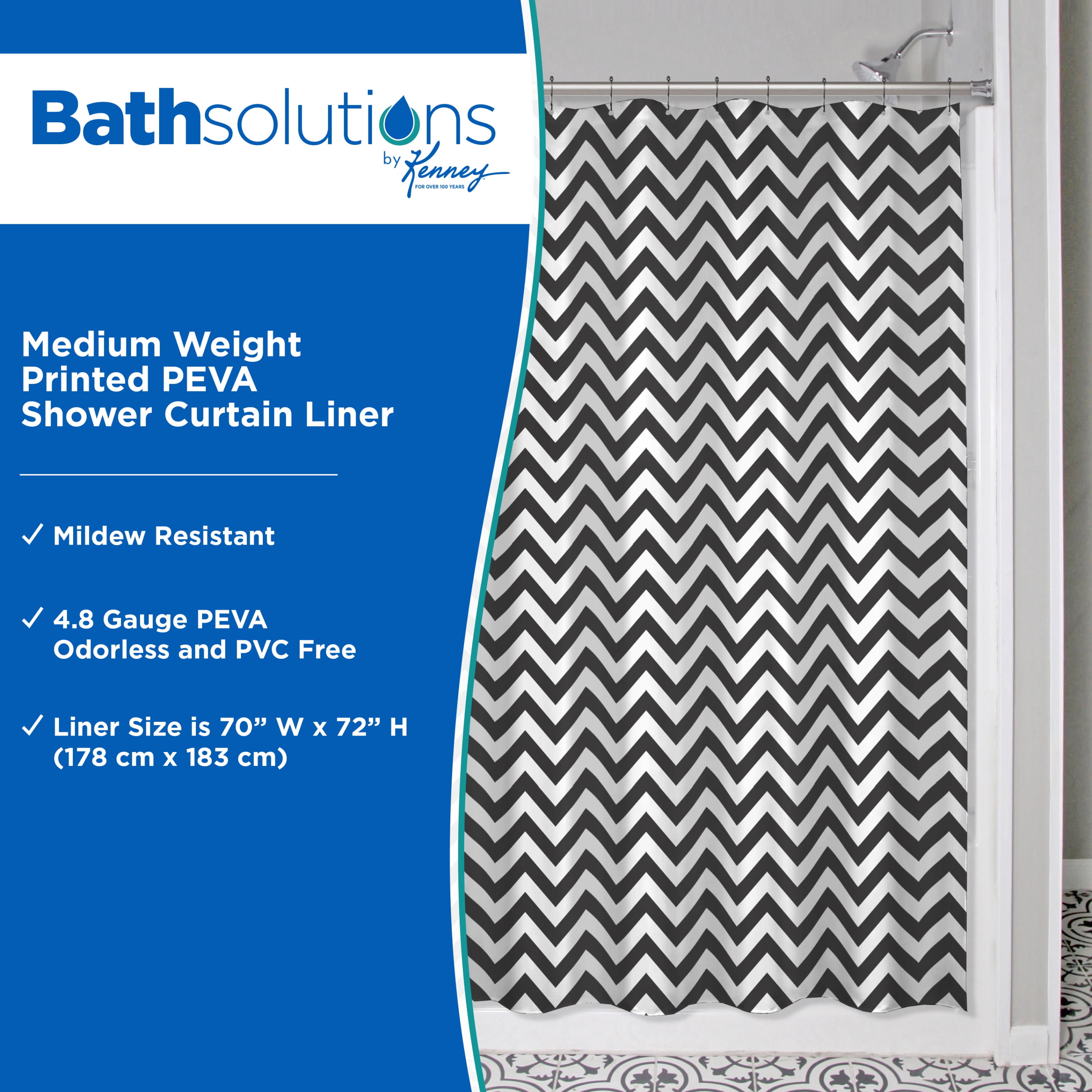 Kenney Medium Weight Decorative PEVA Shower Curtain Liner, 70" W x 72" H, Step Up Chevron