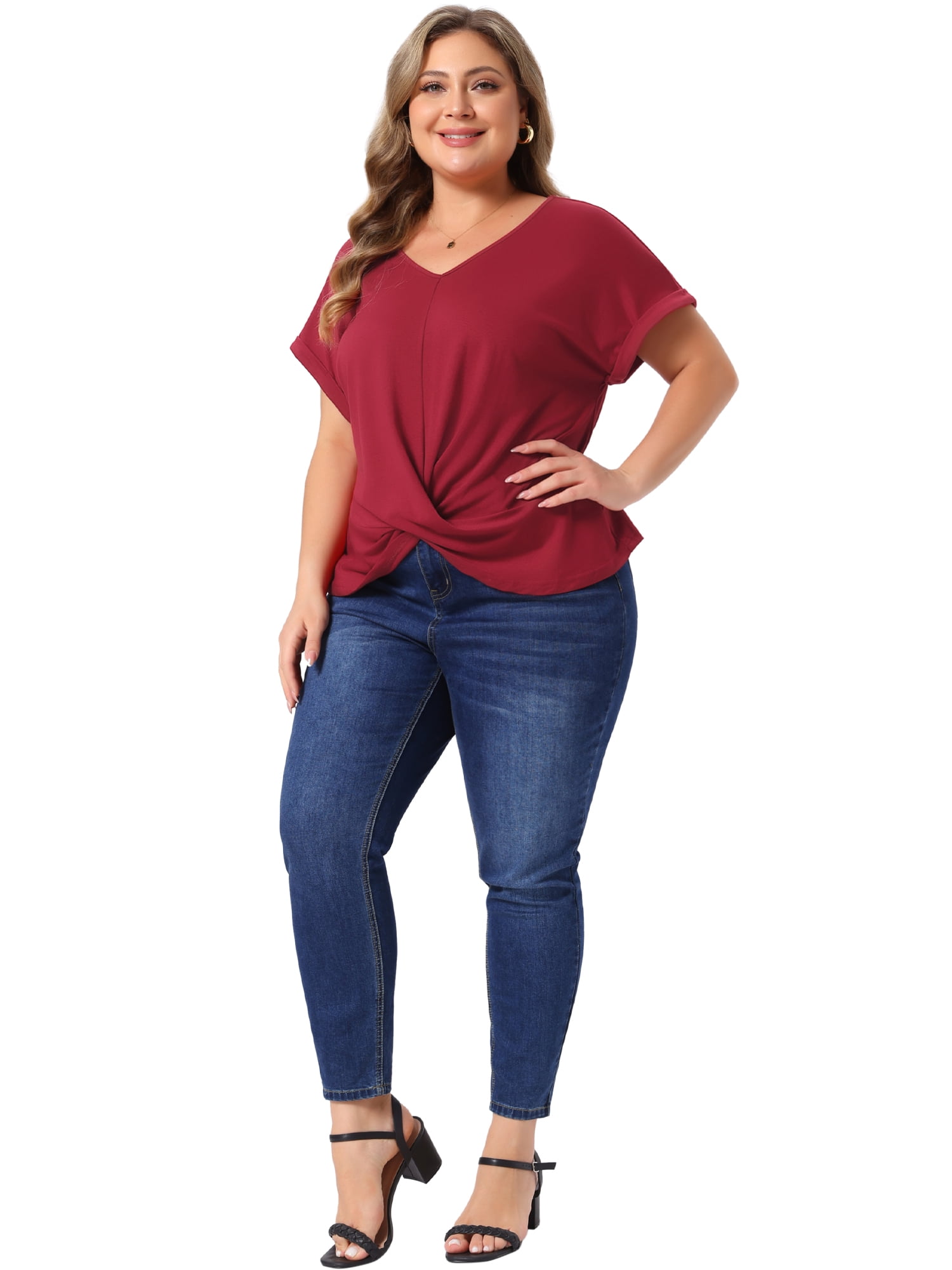 DARING DIVA Women's Plus Top  V Neck Twist Knot Summer Blouses t Shirts 1X Burgundy