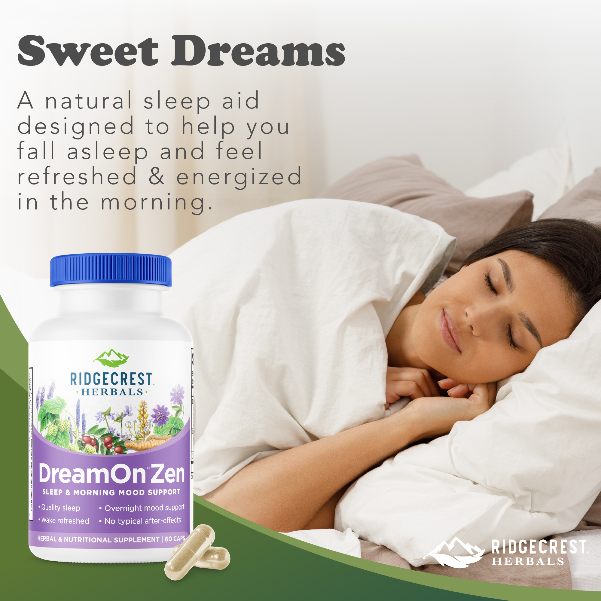 RidgeCrest Herbals DreamOn Zen, Sleep Aid and Mood, Calm Support Supplement, Melatonin Free, Magnesium, 5-HTP, Lavender, Chamomile, Valerian, Lemon Balm (60 Caps, 30 Serv)