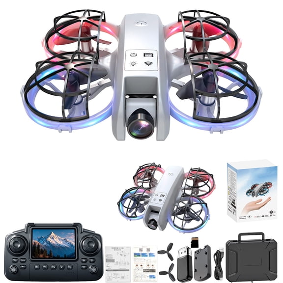 Grey Drone With Camera Remote Control With Screen Display And Cool Lights 2.4G Rc Quadcopter Altitude Hold For Kids Adults