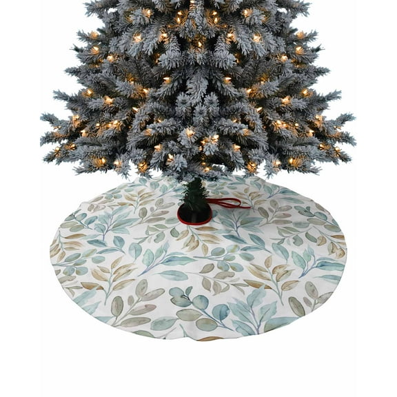 Watercolor Botanical Christmas Tree Skirt 48 Inches Large Christmas Skirt Tree, Blue Green Pastoral Leaf Tree Skirt Christmas Decorations for Fireplace Party Holidays Indoor Outdoor
