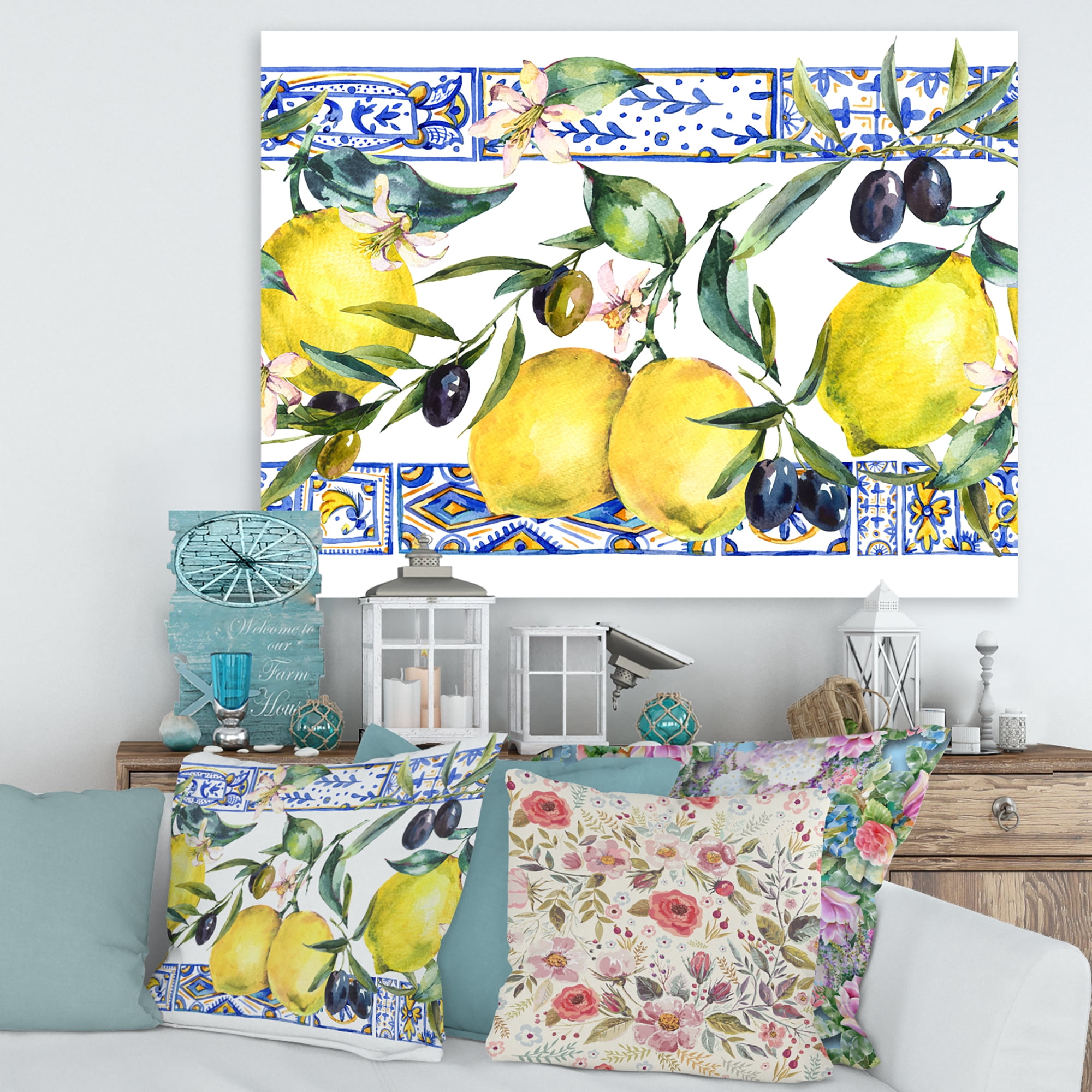 Geometrical Pattern of Lemon Ornament On Blue II 8 in x 12 in Painting Canvas Art Print, by Designart