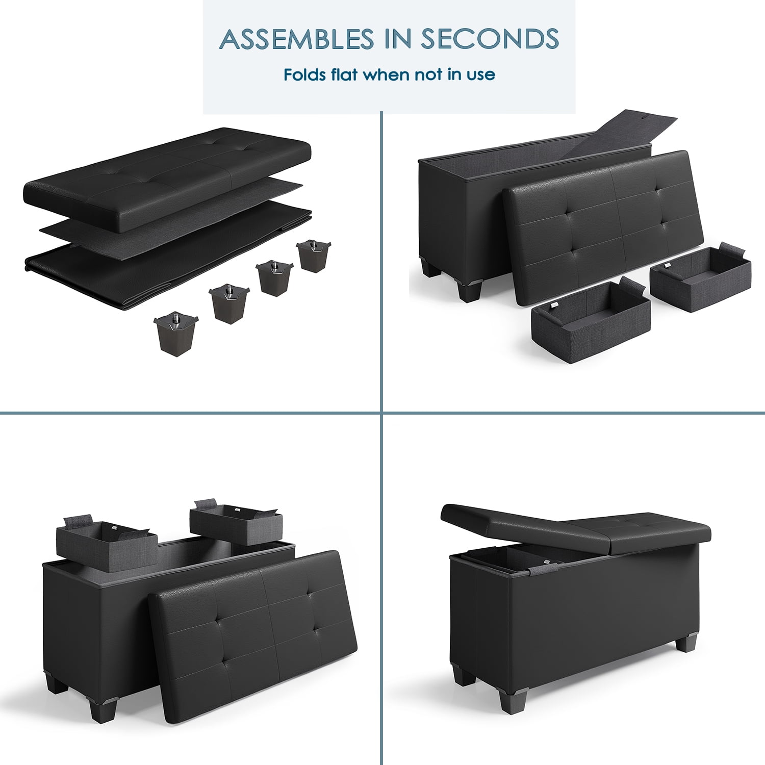 Nestl Faux Leather Ottoman Storage Bench ,30" Bench, Black