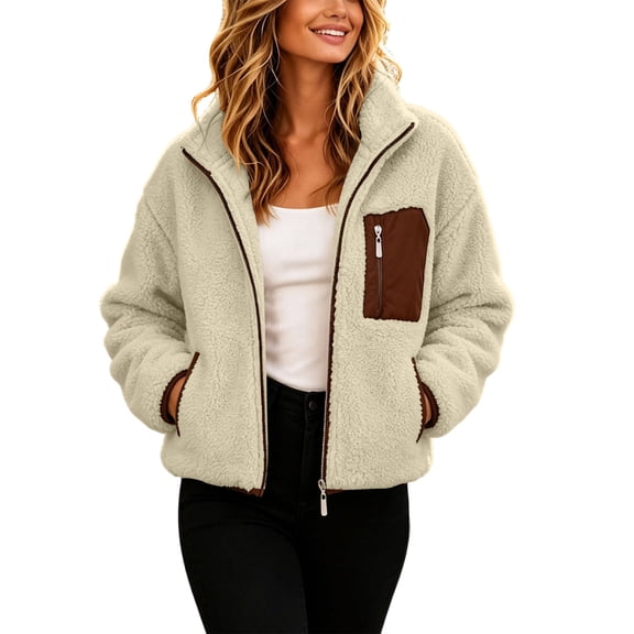 hoksml Women's Cropped Sherpa Fleece Jacket Full Zip Stand Collar with Contrast Pockets Teddy Coat for Daily Comfort