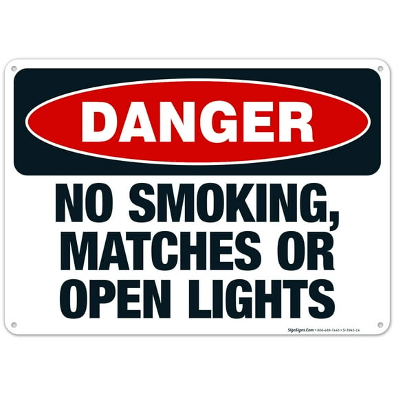 Danger No Smoking, Matches Or Open Lights Sign, OSHA Danger Sign, 10x14 Aluminum