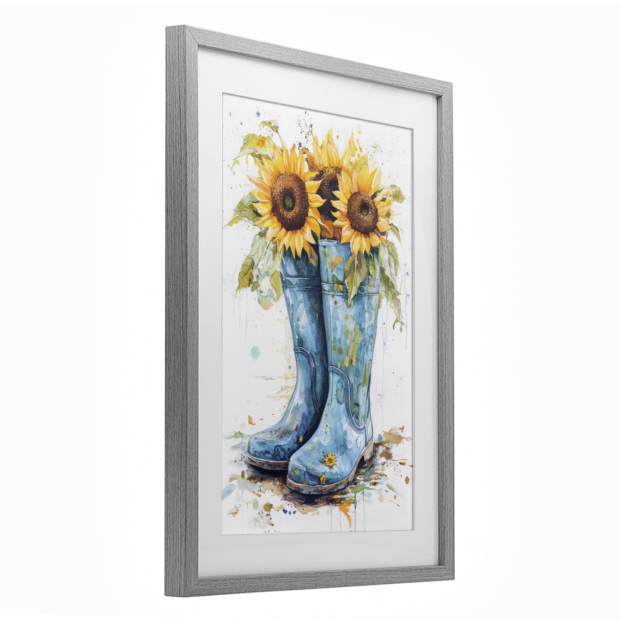 Stupell Industries Blue Rain Boots & Sunflowers Gray Framed Print Under Glass, design by Tina LeCour