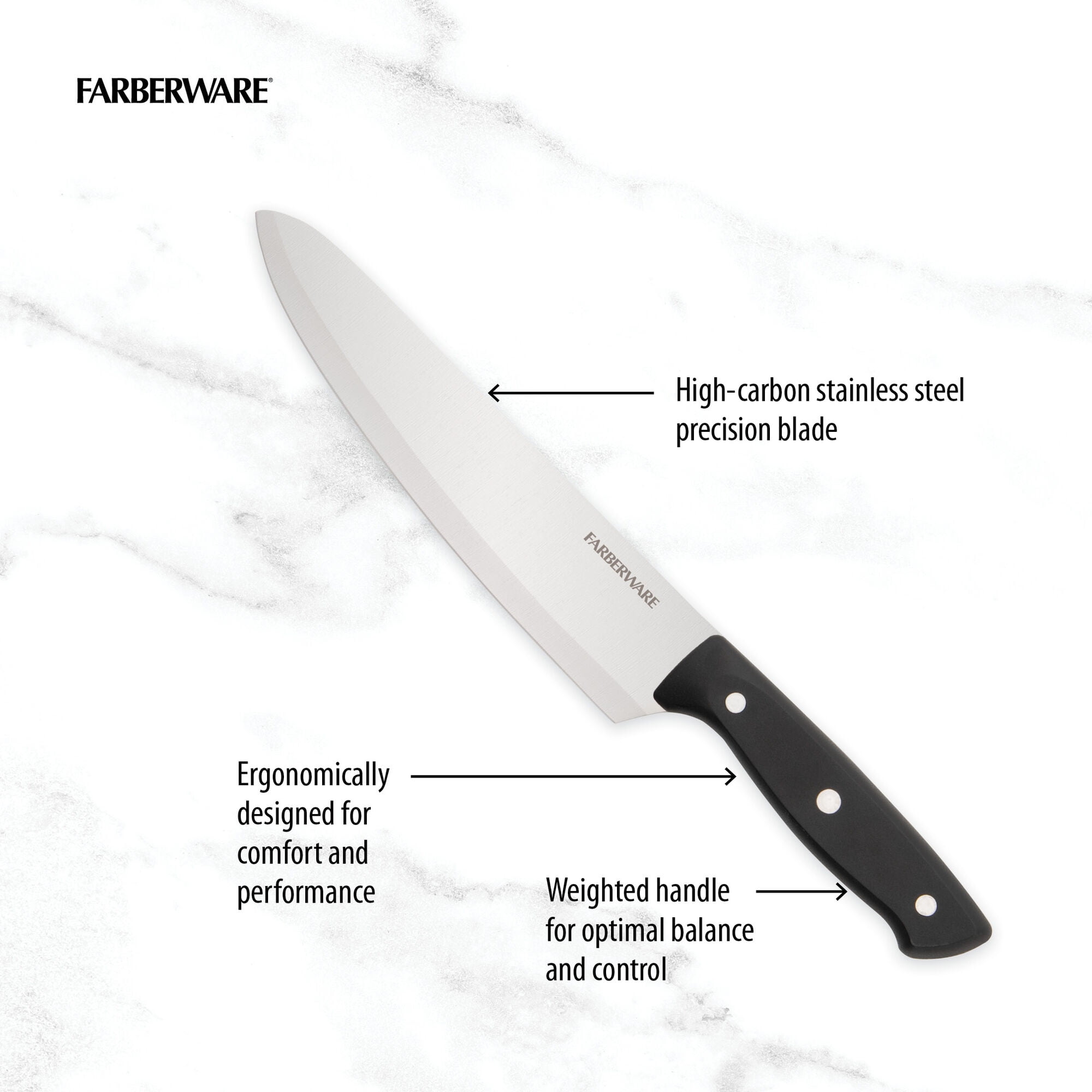 Farberware 20-Piece Triple Riveted Cutlery Knife Block Set with Kitchen Shears, Black